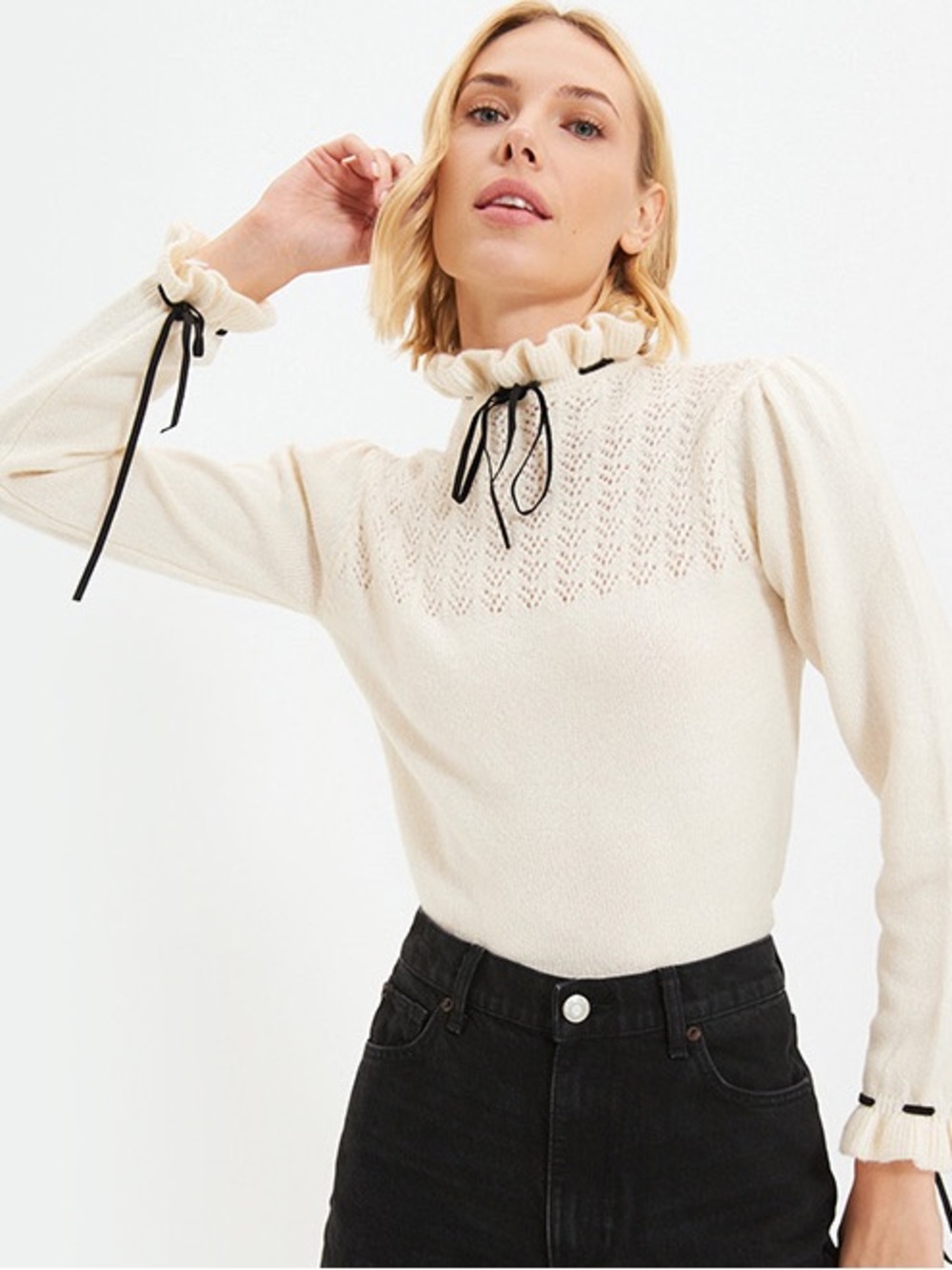 Zara Cream Ruffle-Neck Sweater with Black Ribbon Detail - Picture 3 of 6
